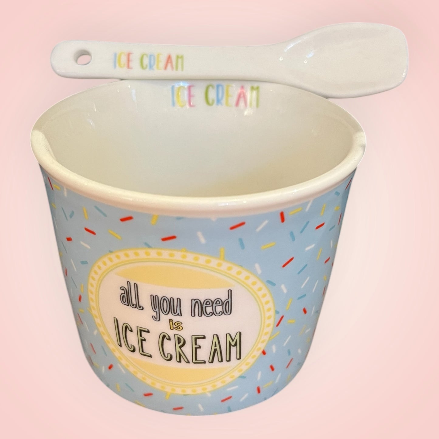 Porseleinen ijspotje met lepeltje, blauw