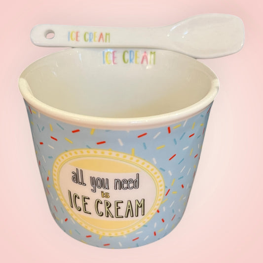 Porseleinen ijspotje met lepeltje, blauw