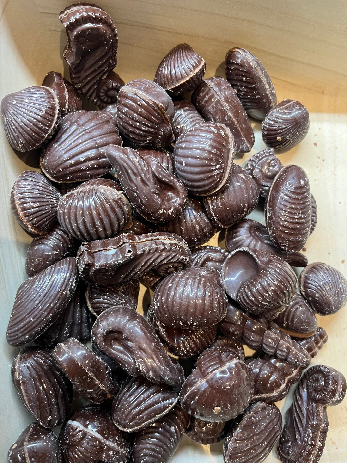 Artisanale zeevruchten met wit gemarmerde, melk of pure chocolade