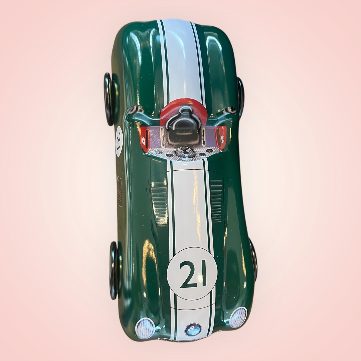 🏁 Retro Raceauto Blik – Met Rijdende Wieltjes